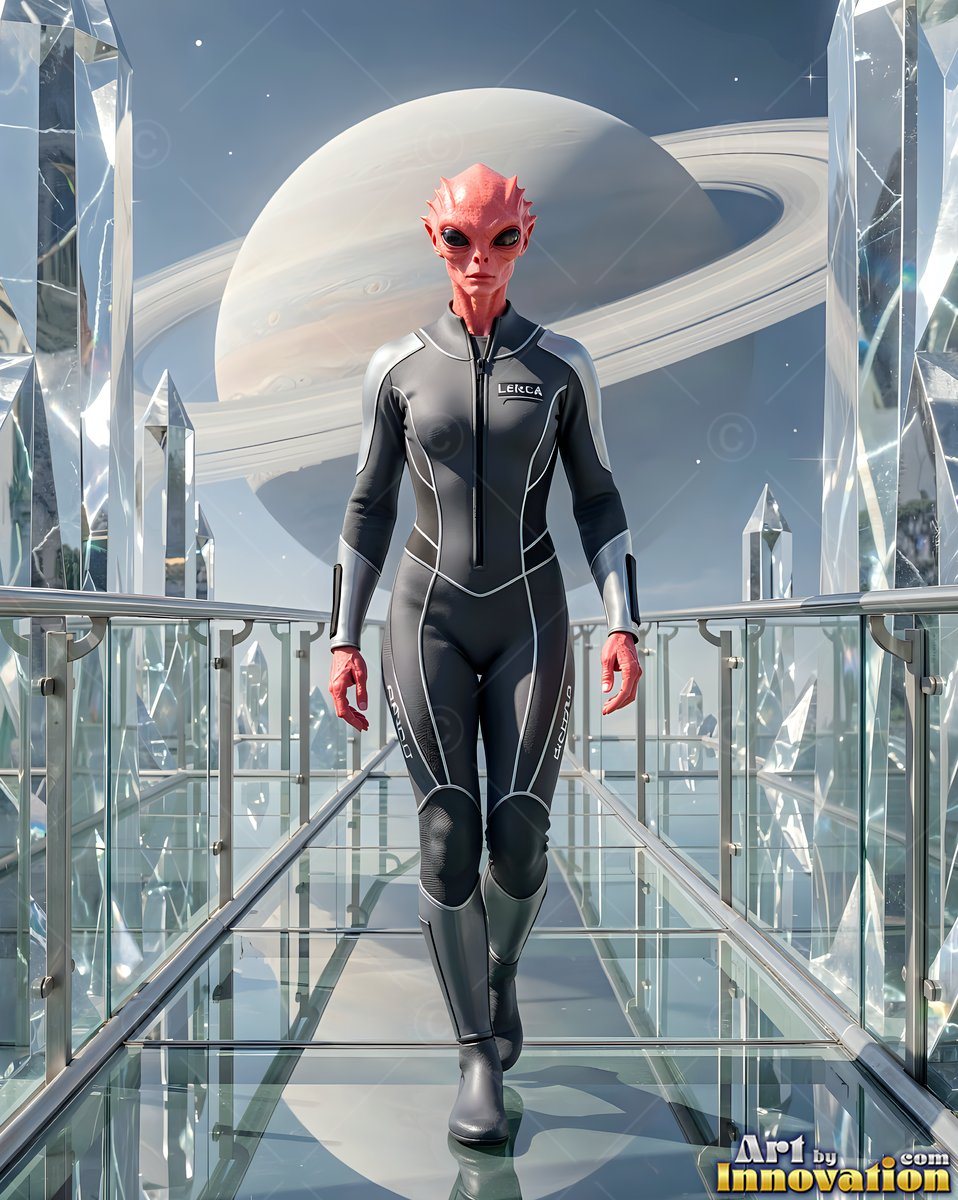 A pink alien woman in a black suit walks on a glass bridge near a ringed planet