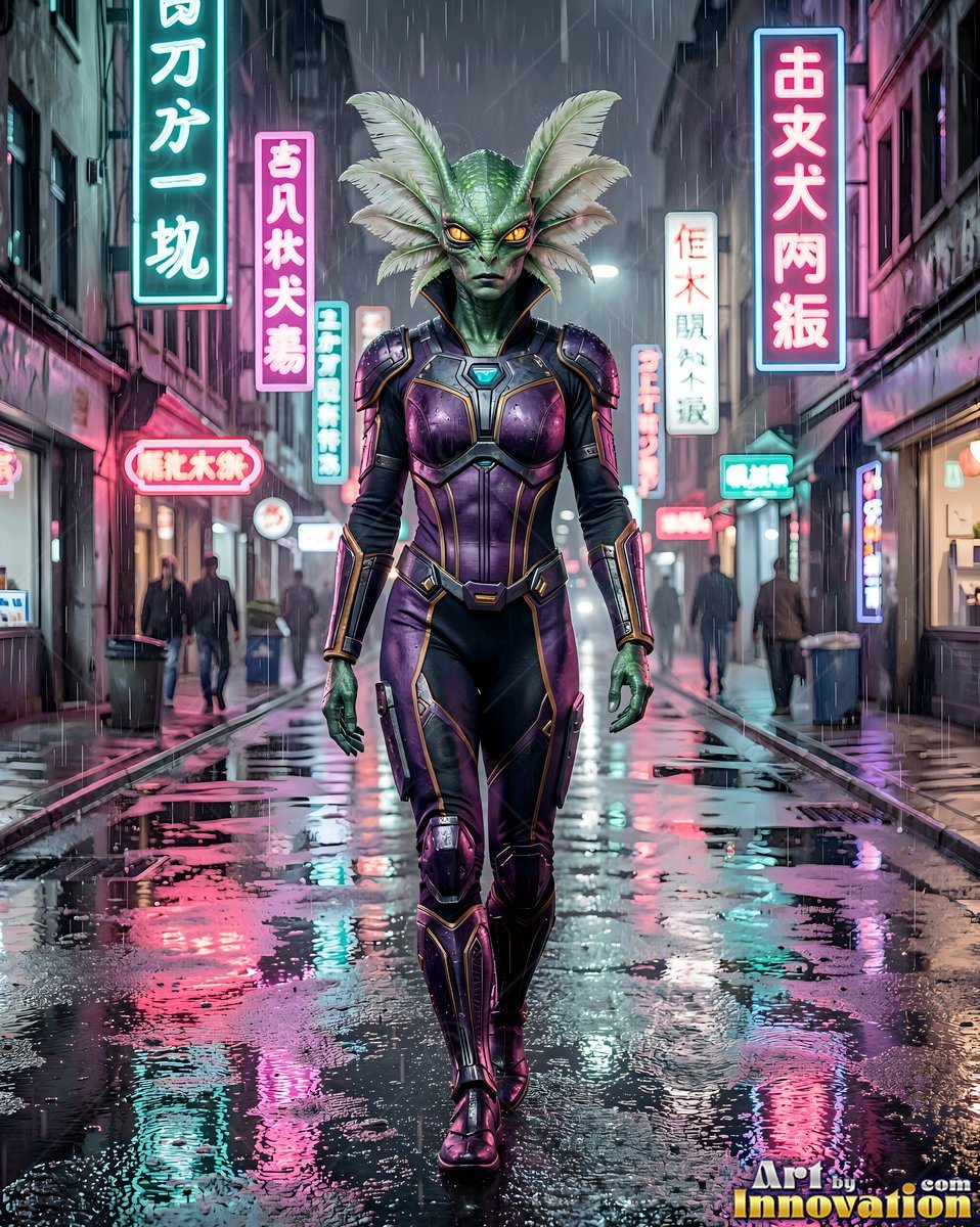 On a wet city street, a green alien woman in purple armor walks forward