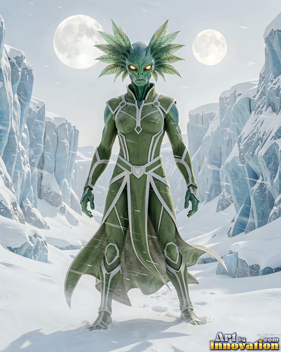 Standing in the snow, a green alien woman with frilled ears poses between icy cliffs