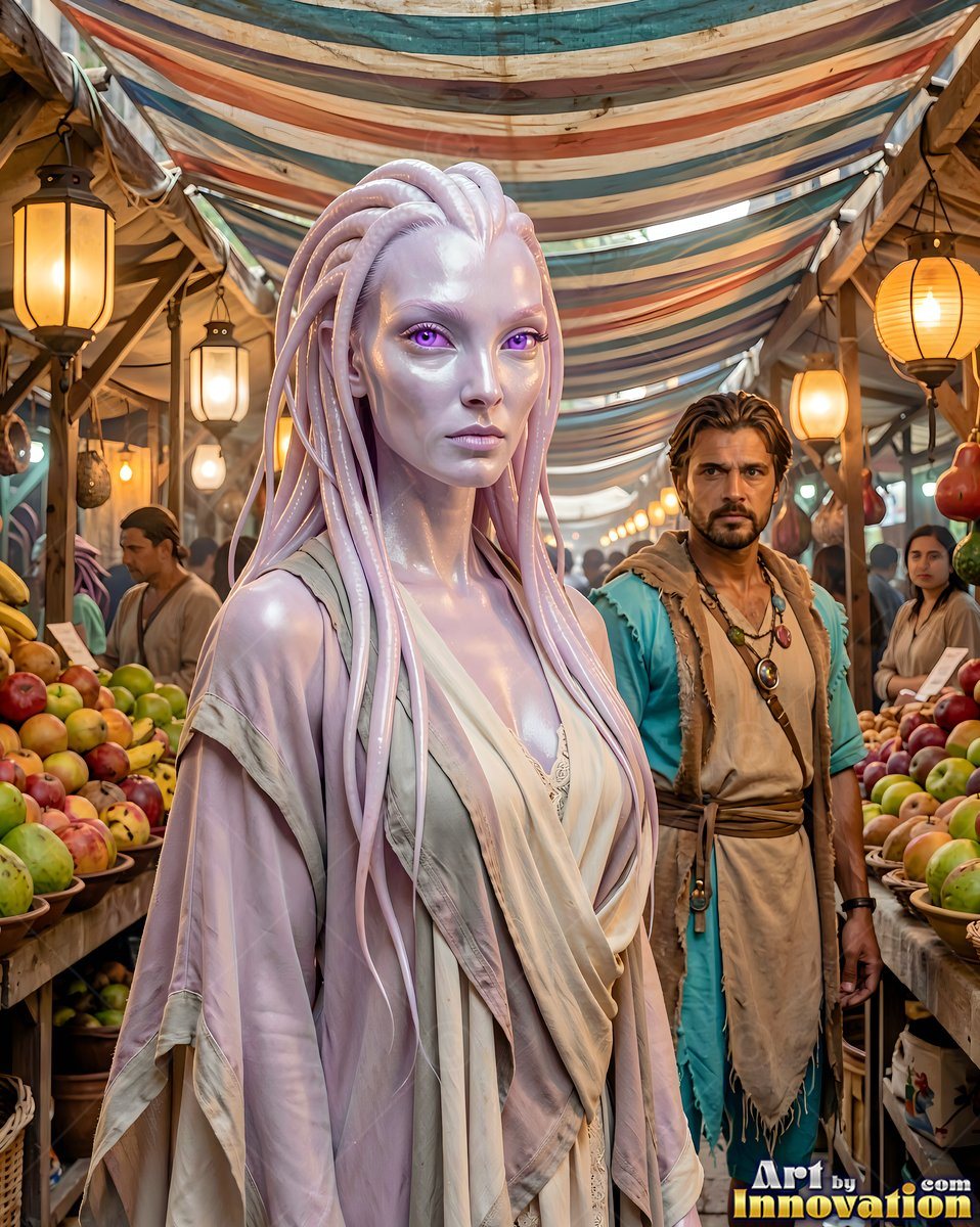 A pale purple alien woman makes her way through a busy market street