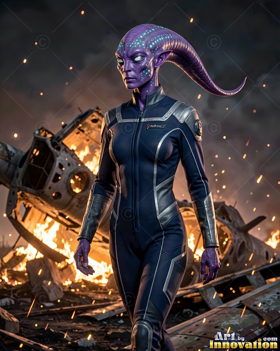 A purple alien woman with a long head tail walks past a burning wreckage in a dark flight suit