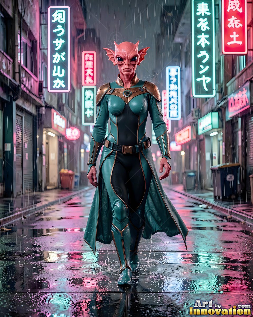 A pink alien woman walks down a wet alley lit by bright neon signs