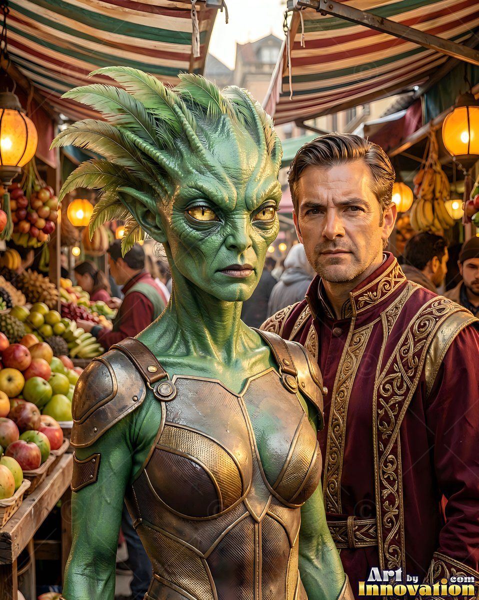 Facing forward in an outdoor market, a green alien woman stands with a man in red