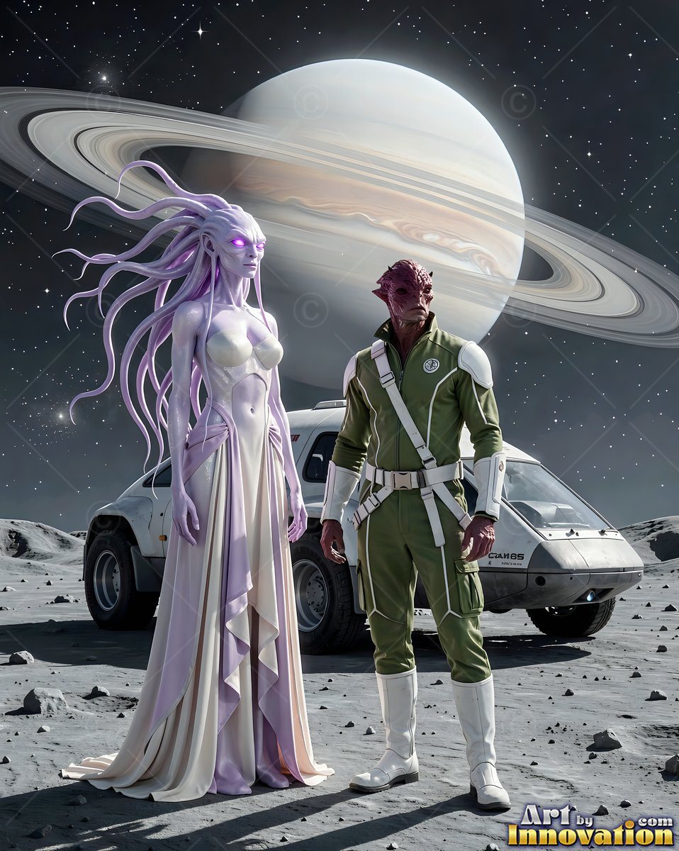 A pale purple alien woman in a white dress stands on a moon near a ringed planet