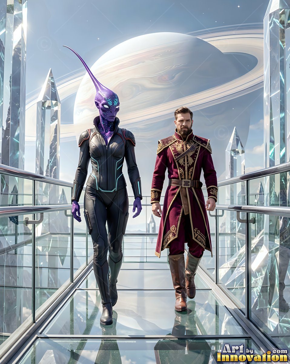 On a glass walkway in space, a purple alien woman travels on foot beside a bearded man