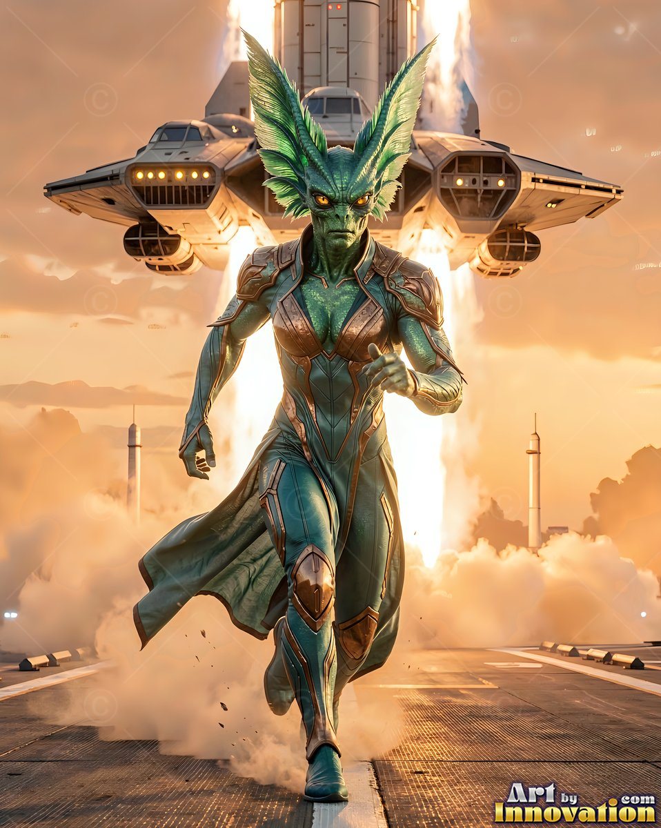 Running forward, a green alien woman with large winged ears flees a launching rocket