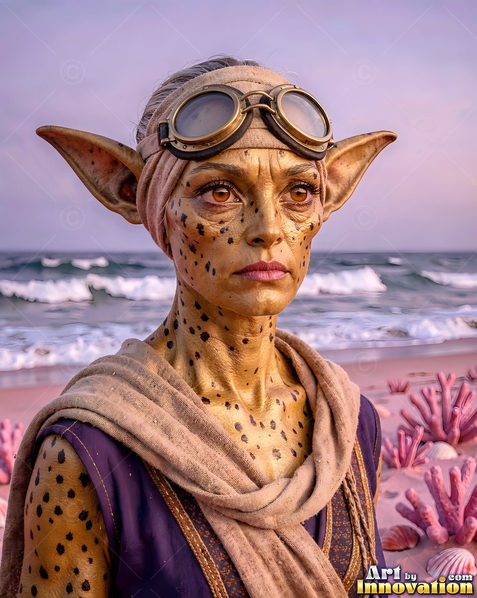 Spotted alien woman wearing goggles standing on a beach