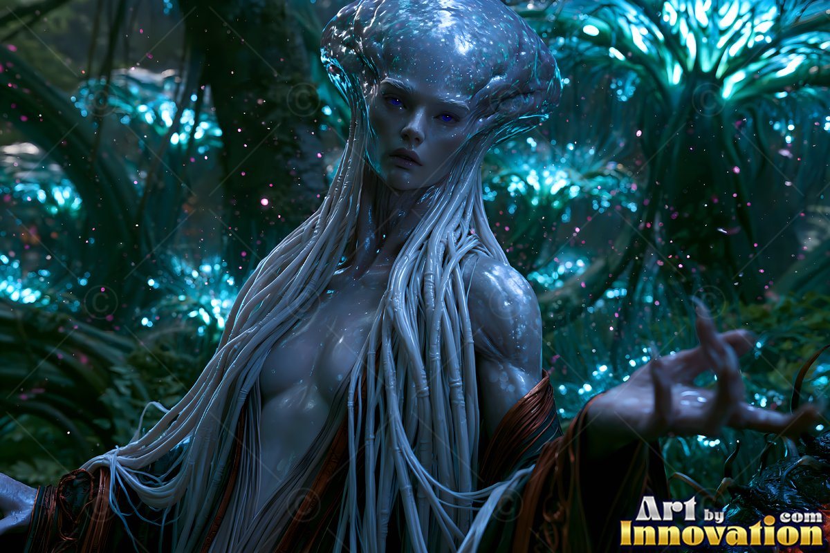 A dome-headed alien woman with white corded hair reaches out in a blue-lit forest