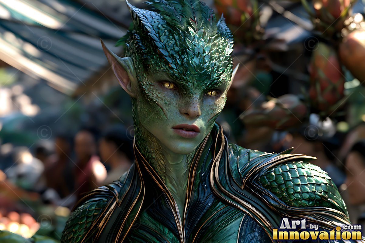 A green reptilian woman looks ahead in a sunny outdoor market with bright yellow eyes