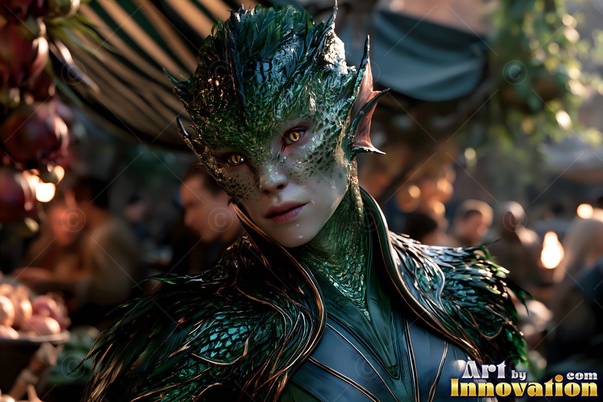 Turned toward the viewer in a crowded market, a green-scaled alien woman looks ahead