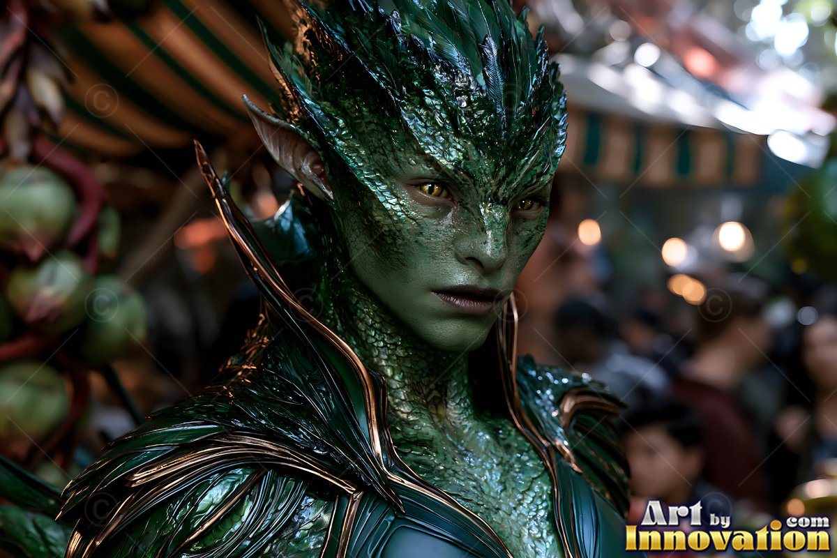 A green-scaled woman with pointed ears looks sideways in an outdoor market