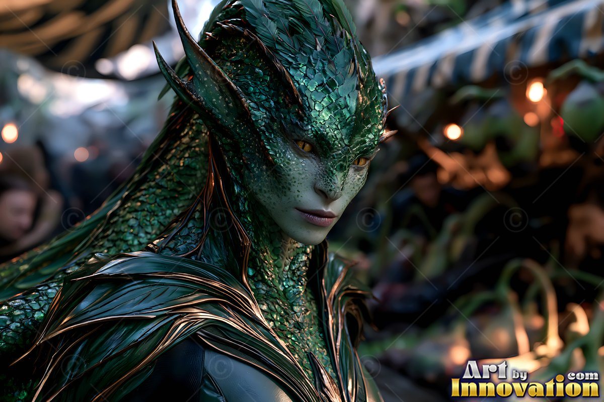 In a crowded market, a woman with green scales and fins looks aside