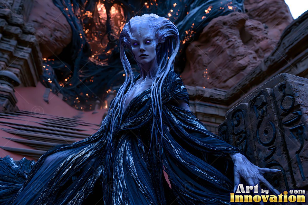 Standing on stone steps, a pale alien woman wears a dark shredded gown in a canyon