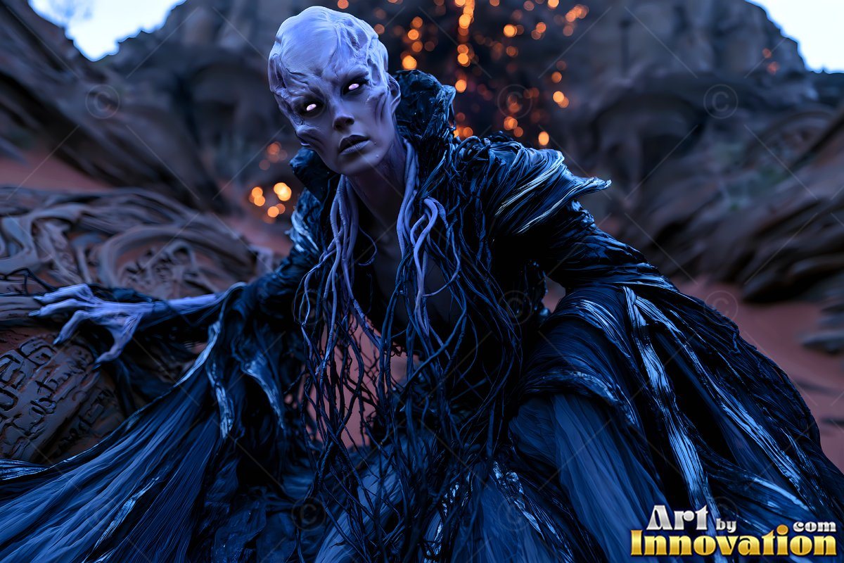 Pale alien woman in black robes leans forward outdoors