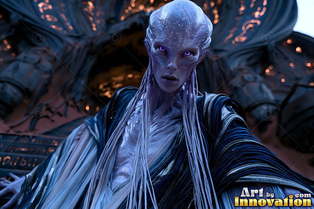 Thin white tendrils hang from a pale alien woman in black robes before an arched stone temple