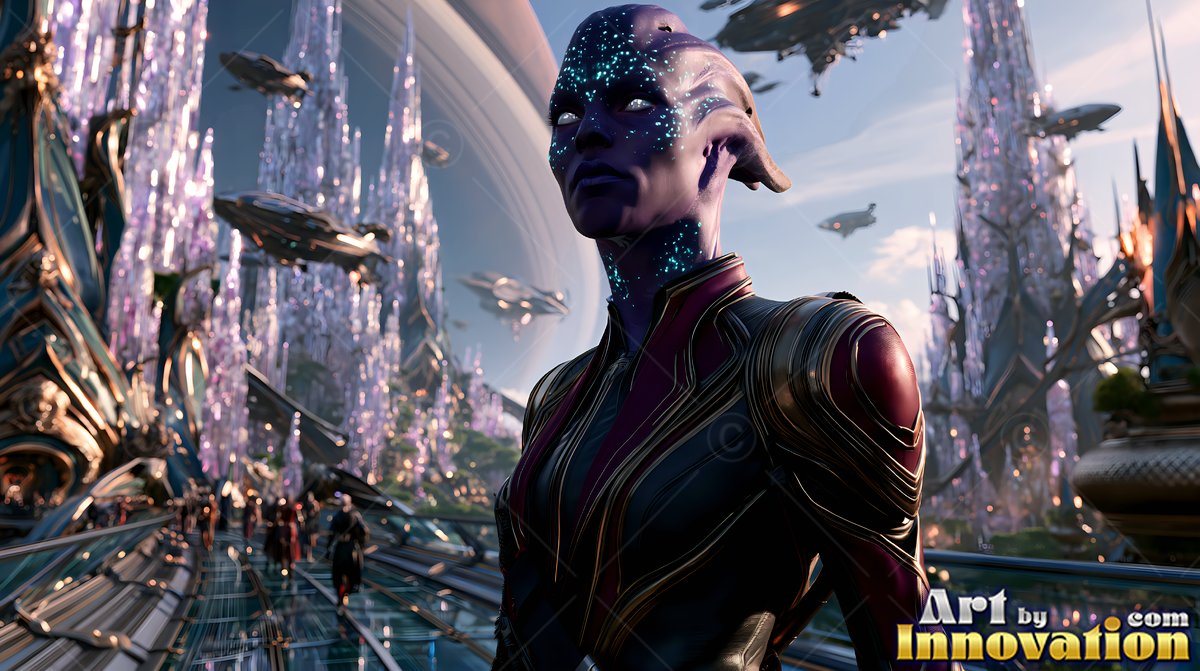 A purple alien woman stands on a platform in bright daylight near glass towers