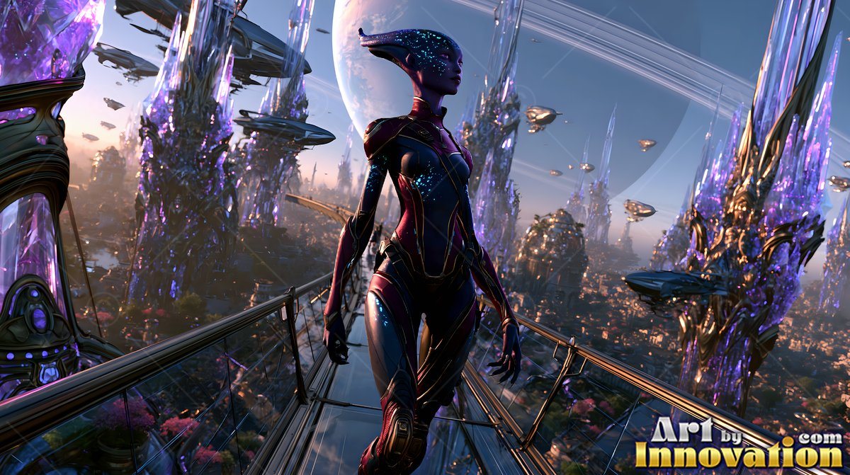 Walking forward, an alien woman crosses a bridge high above a futuristic city