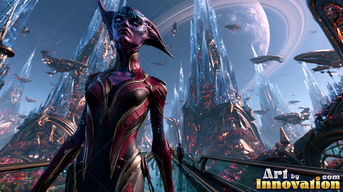 A purple alien woman walks along a high walkway by tall crystal towers