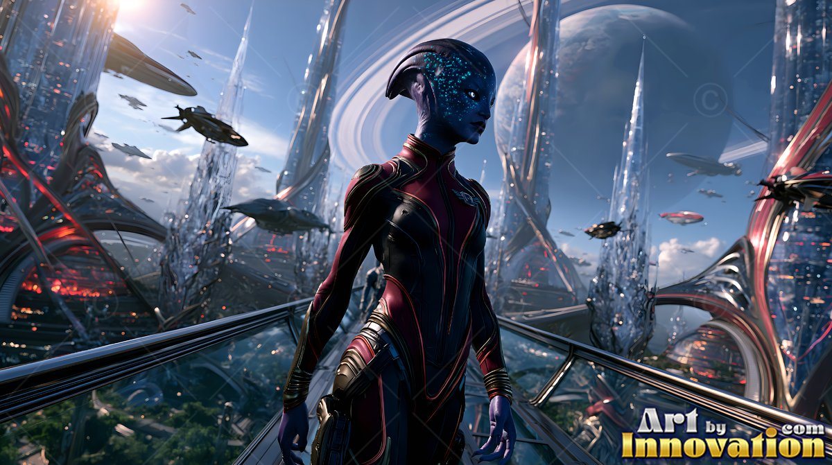 On a futuristic balcony, a blue alien woman pauses in a dark red suit