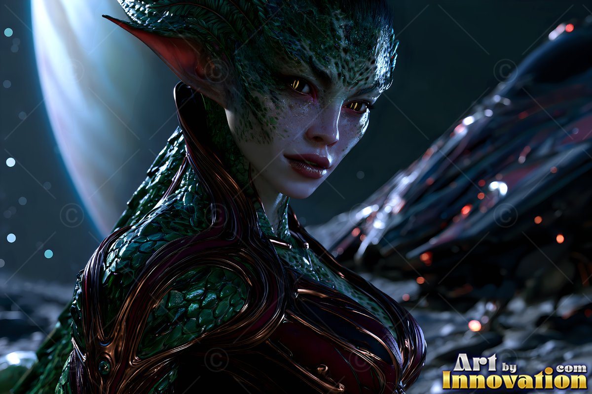 Looking forward in space, a green-scaled alien woman poses near a planet