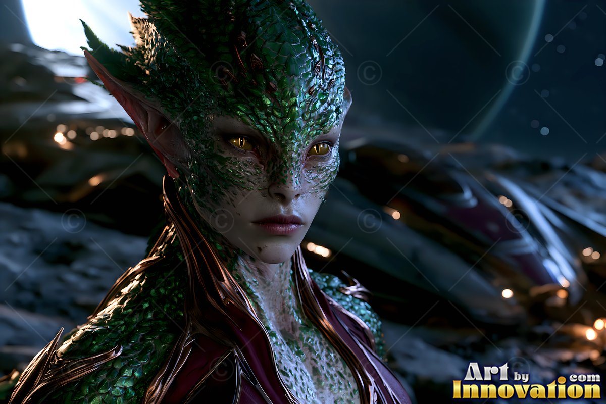 Alien woman with green scales on her face and pointed ears outdoors