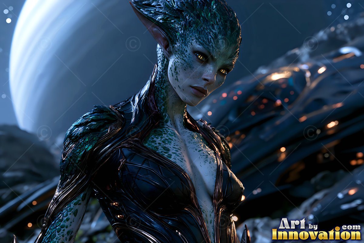 Green reptilian scales cover an alien woman standing near a spaceship and a ringed planet