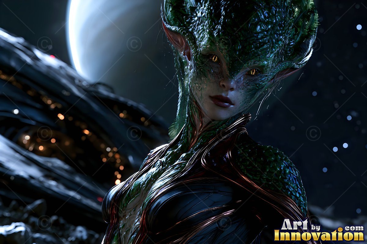 A green-scaled alien woman turns toward us in space under cool blue starlight