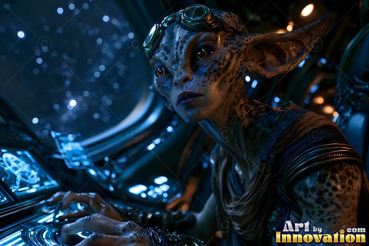 Turned in three-quarter view, a spotted alien woman steers inside a spaceship cockpit