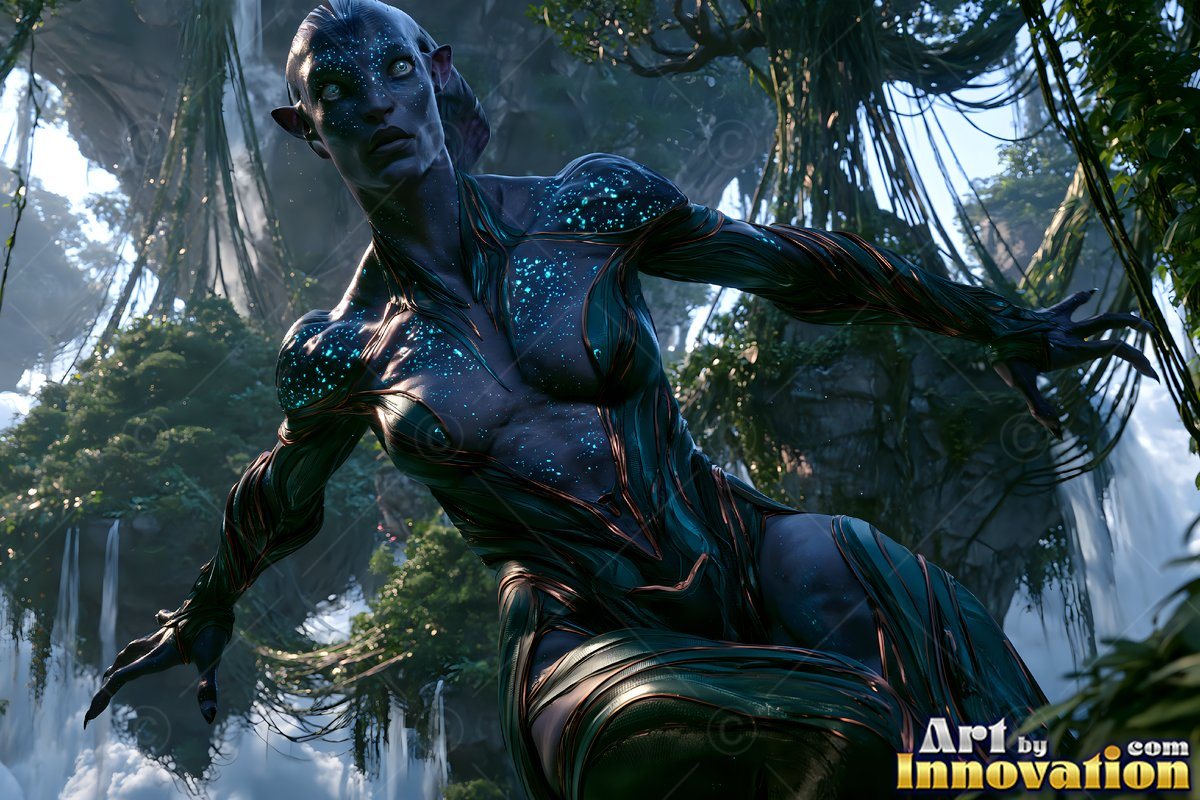 A blue alien woman with spotted skin reaches forward in a sunny jungle
