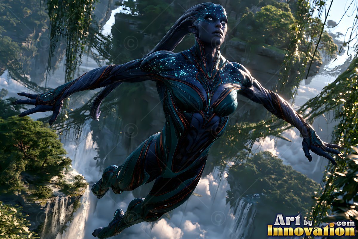 Above jungle waterfalls, a blue alien woman glides through the air with arms spread