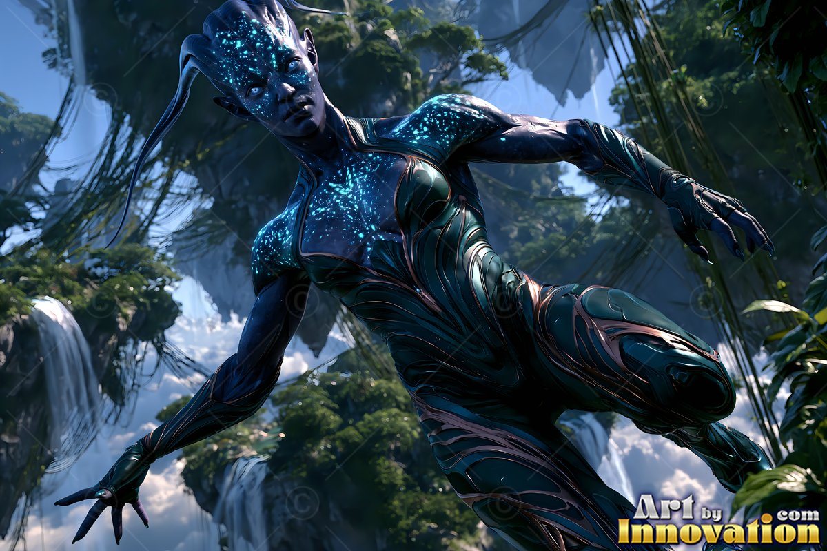 Leaping through the air, a blue alien woman reaches down toward jungle waterfalls