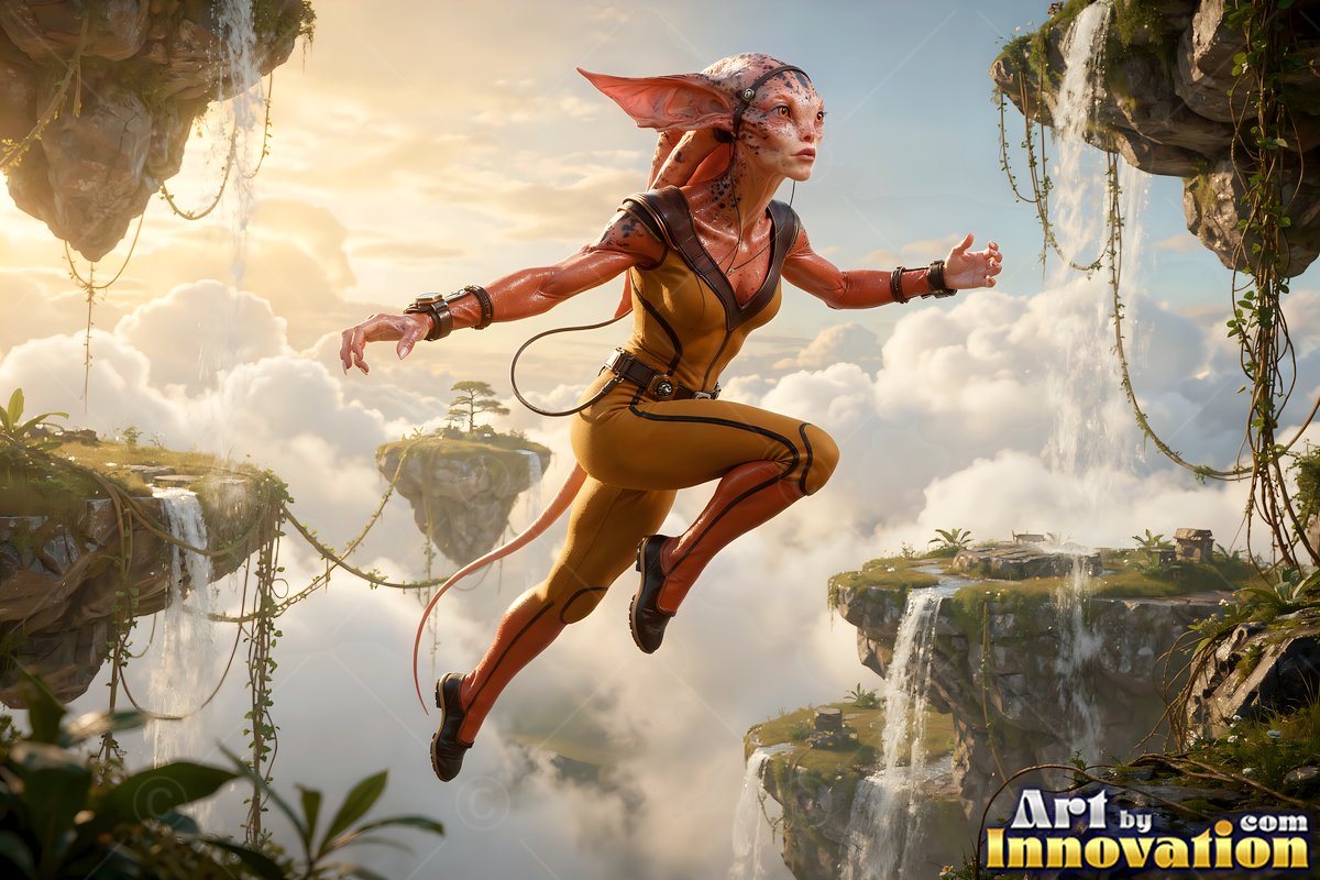 Alien woman in a yellow suit leaps between floating islands