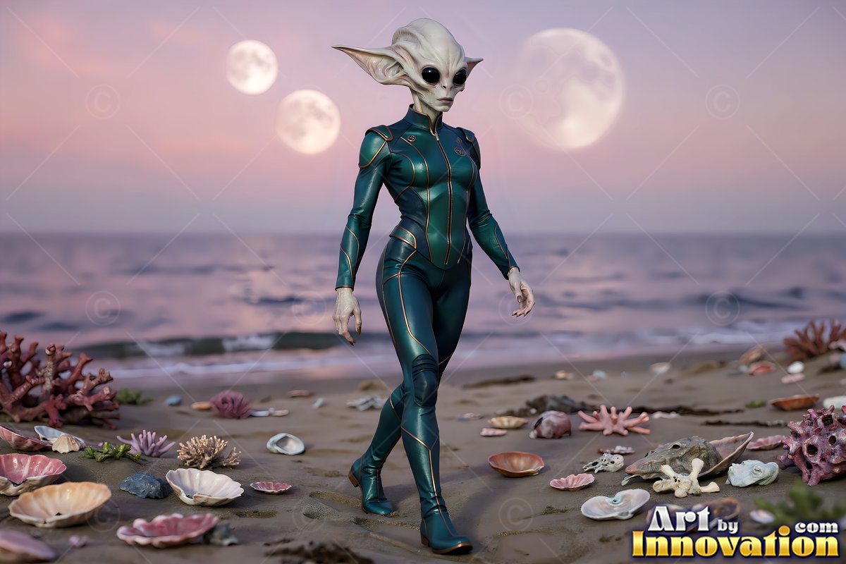 A slender alien woman in a green suit walks on a shell beach below three moons