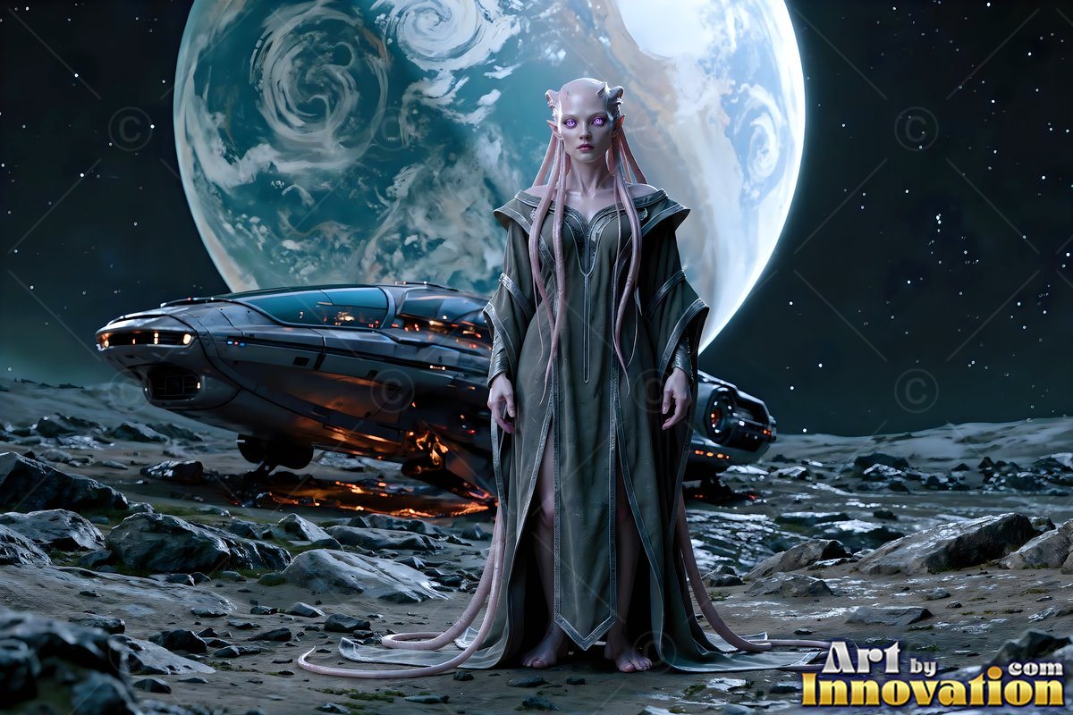An alien woman stands by a spaceship on a rocky moon under soft blue light