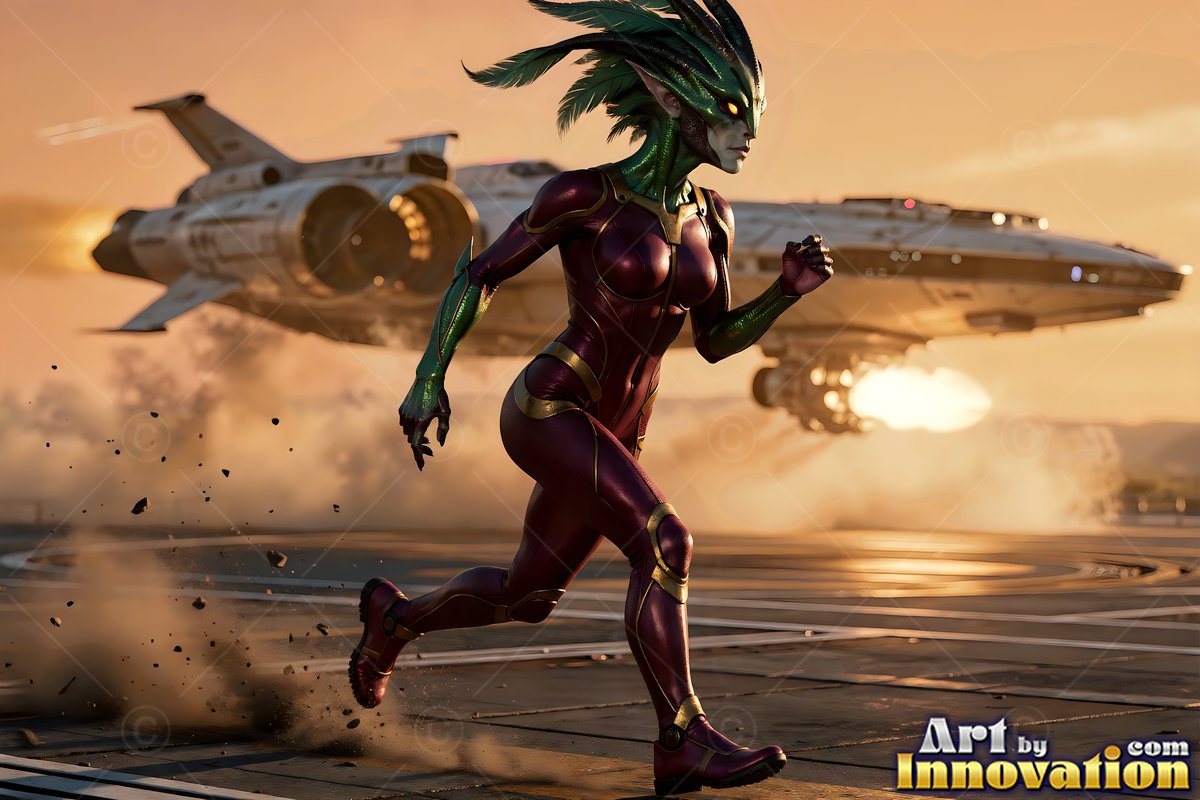 Running in profile, a green-skinned alien woman crosses an airfield near a jet spaceship