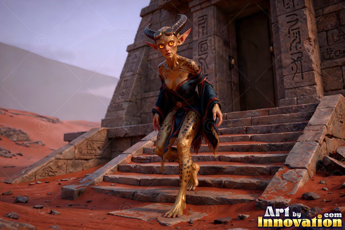 A horned, spotted alien woman walks down stone steps in a red desert