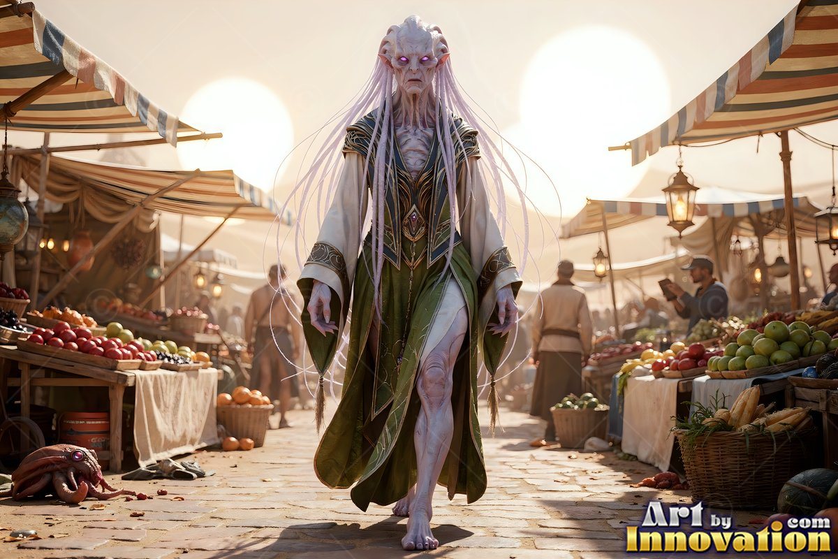 In a desert market, an alien woman in a green robe walks barefoot under two suns