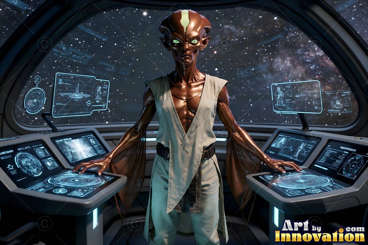 Standing at spaceship controls, a brown alien woman looks ahead against a starry sky