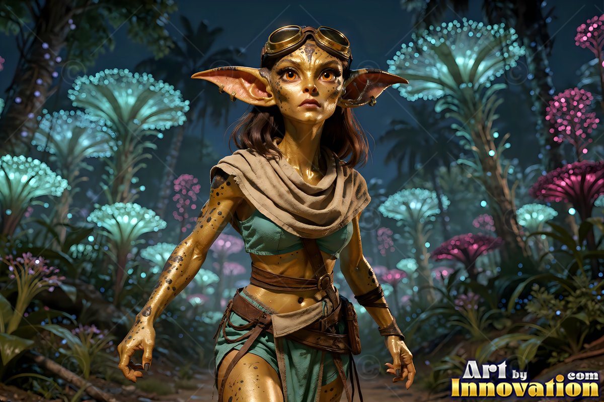 Alien woman with large ears and goggles walking in a strange forest