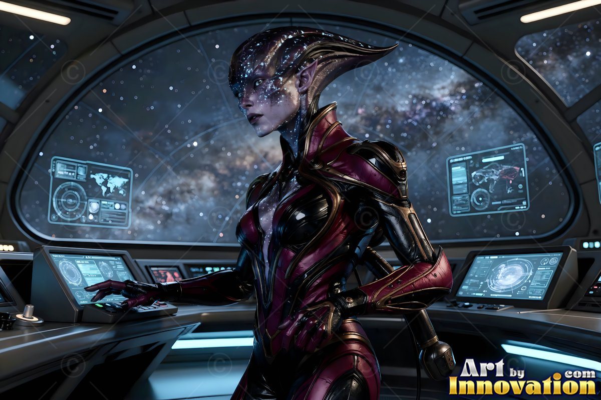 A crested head on an alien woman in a red suit at starship controls before space screens