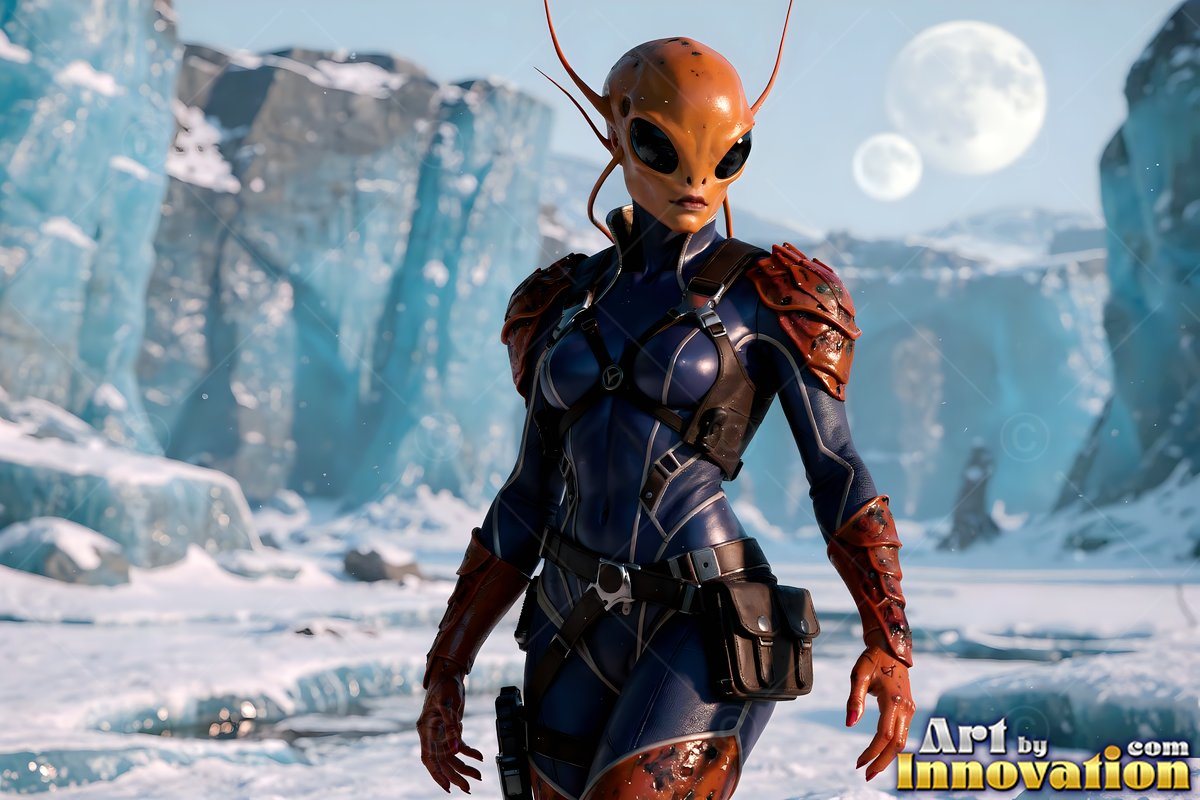 An alien woman stands in a snowy canyon under pale twin moons in a blue sky