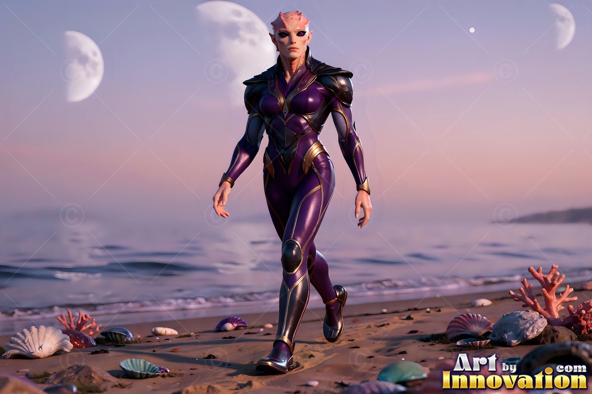 Walking forward on a sandy beach, an alien woman in a purple suit passes seashells