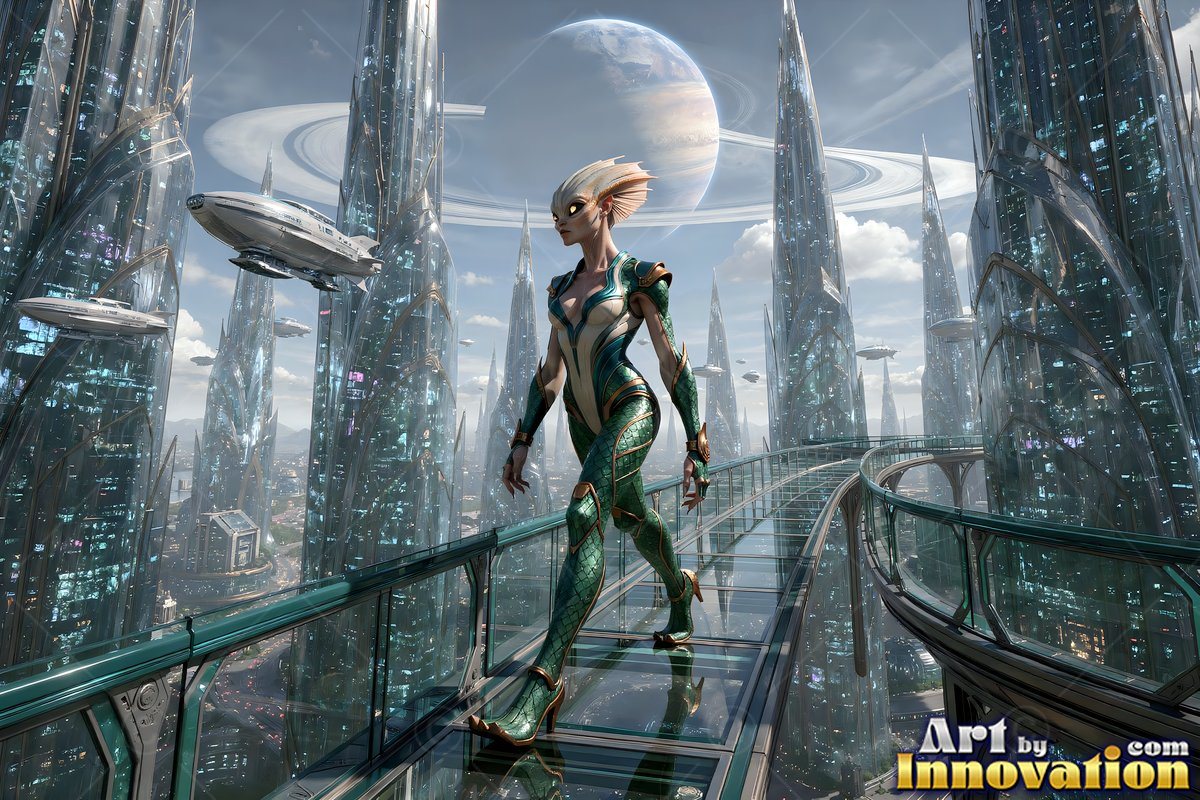 An alien woman in green scales walks along a glass bridge in a city with ringed planets