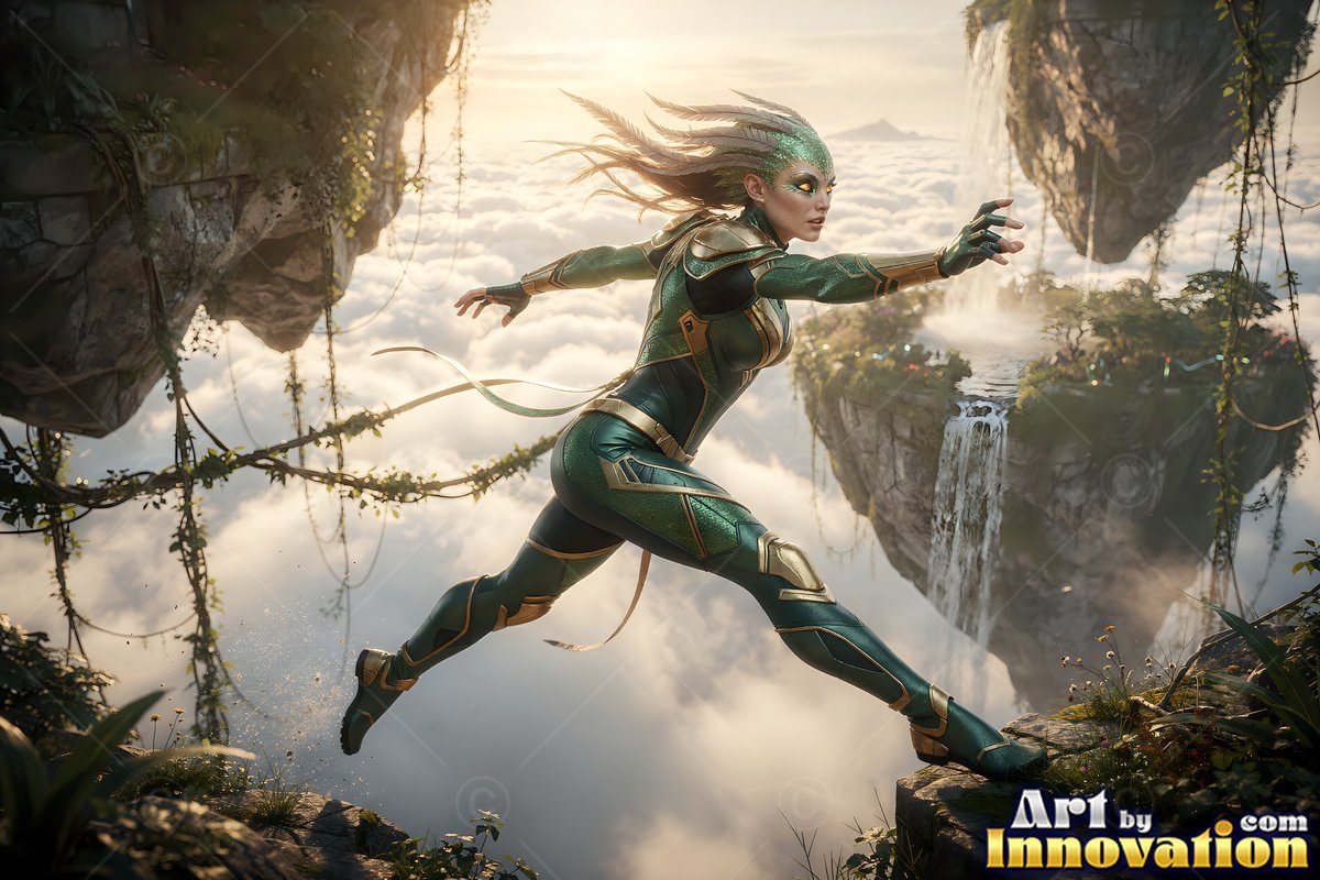 Between floating cliff islands, a green alien woman leaps in midair