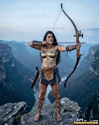 A woman draws a large bow on a rocky peak under pale blue evening light