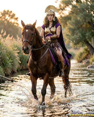 Riding forward in shallow water, a woman in golden armor guides a brown horse