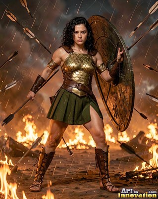 A woman armored in gold holds a shield while arrows rain down near a fire