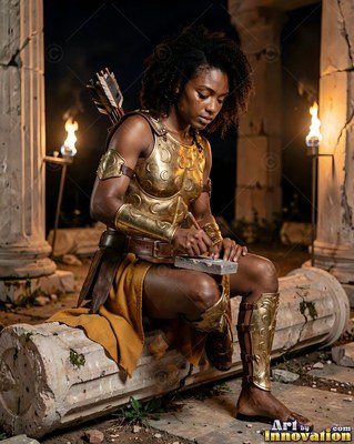 Among stone ruins, a black woman in gold armor sits and carves a small slab