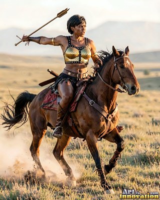 Riding a galloping horse, a woman clad in a gold breastplate aims an arrow across a grassy field