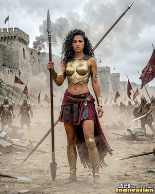 Woman in golden armor holding a tall spear on a dusty battlefield